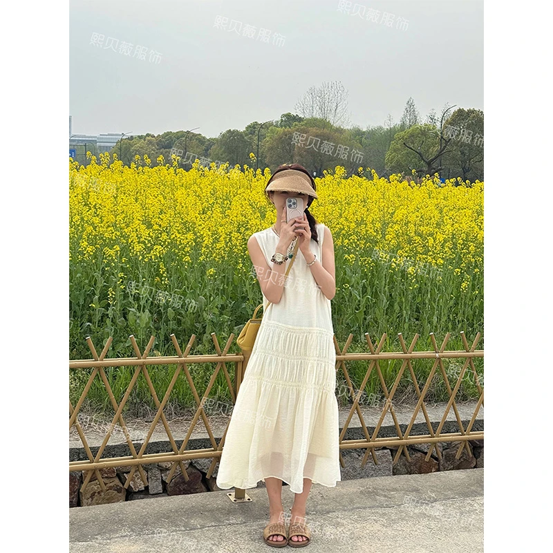 熙贝薇5 法式拼接褶皱设计感显瘦无袖圆领背心连衣裙G7565