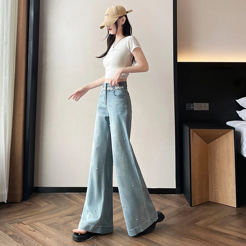 复古珍珠天丝牛仔裤女装2025夏季天丝阔腿裤百搭设计感微喇长裤