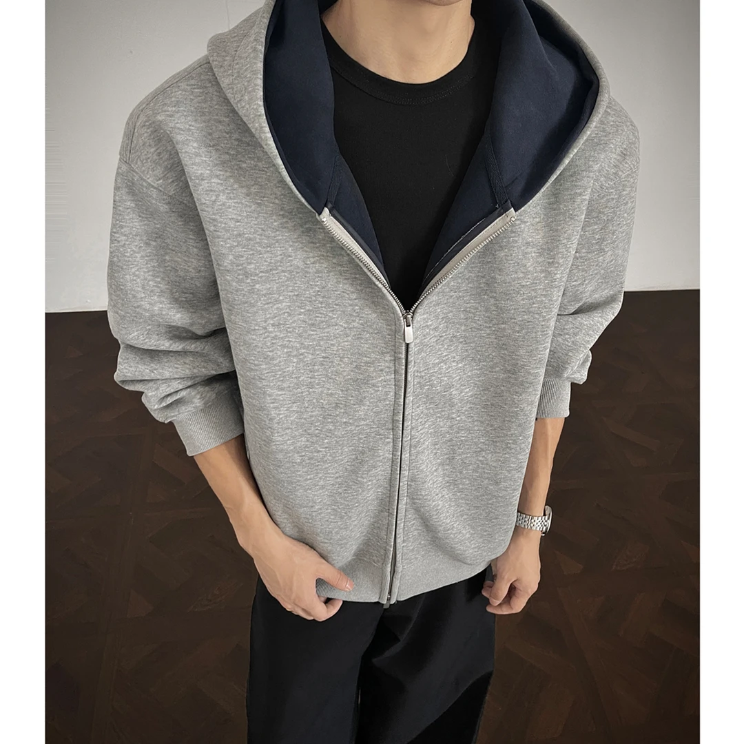 460G重磅拼色开衫卫衣男女同款连帽宽松休闲外套百搭运动情侣长袖