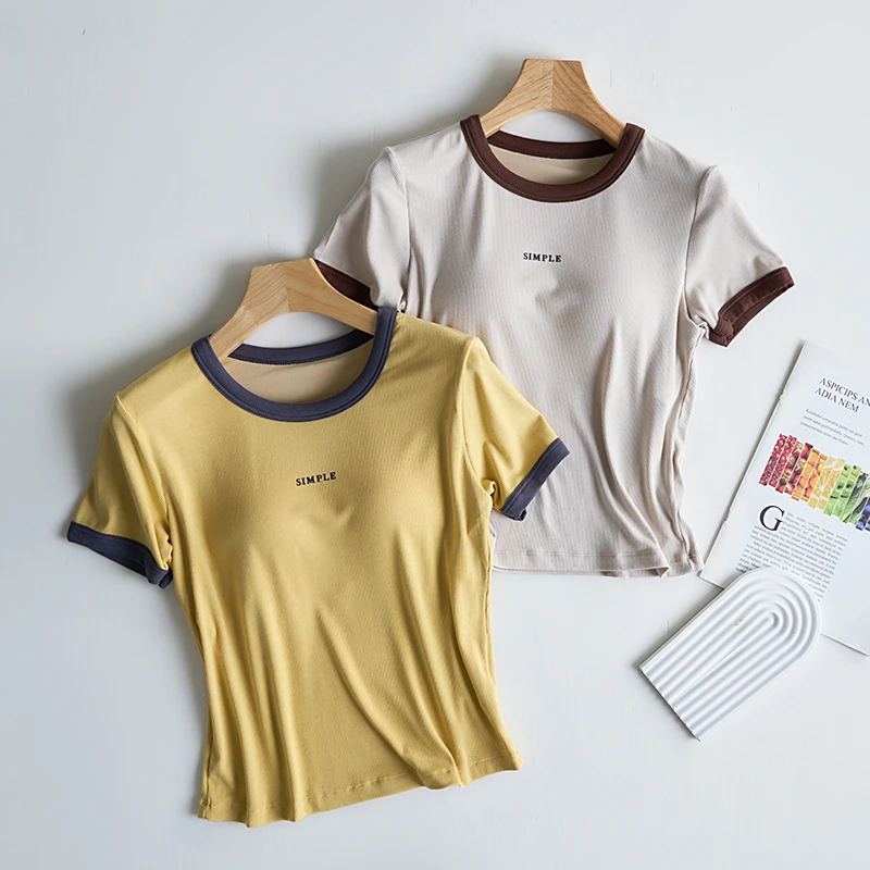 带胸垫撞色休闲短袖t恤女夏季免穿文胸一体式可外穿圆领打底上衣