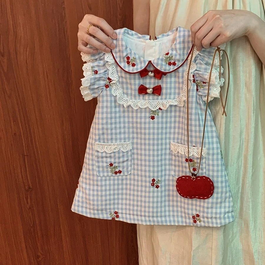 女童格子蕾丝花边裙夏季2025新款小童可爱连衣裙女宝宝洋气公主裙