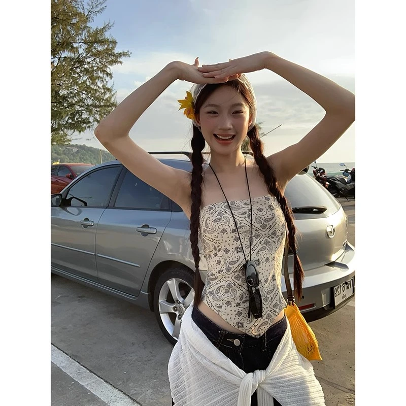 红人馆无袖背心女内搭打底法式设计感气质短款修身辣妹抹胸上衣女