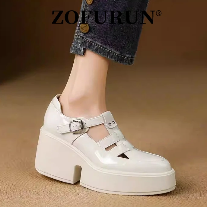 ZOFURUN真皮厚底高跟编织包头凉鞋时尚新防水台粗跟皮带扣罗马鞋