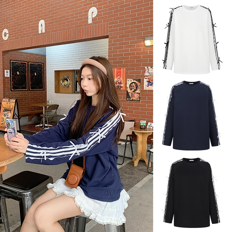 蕾丝花边条纹蝴蝶结长袖T恤宽松中长款上衣卫衣打底