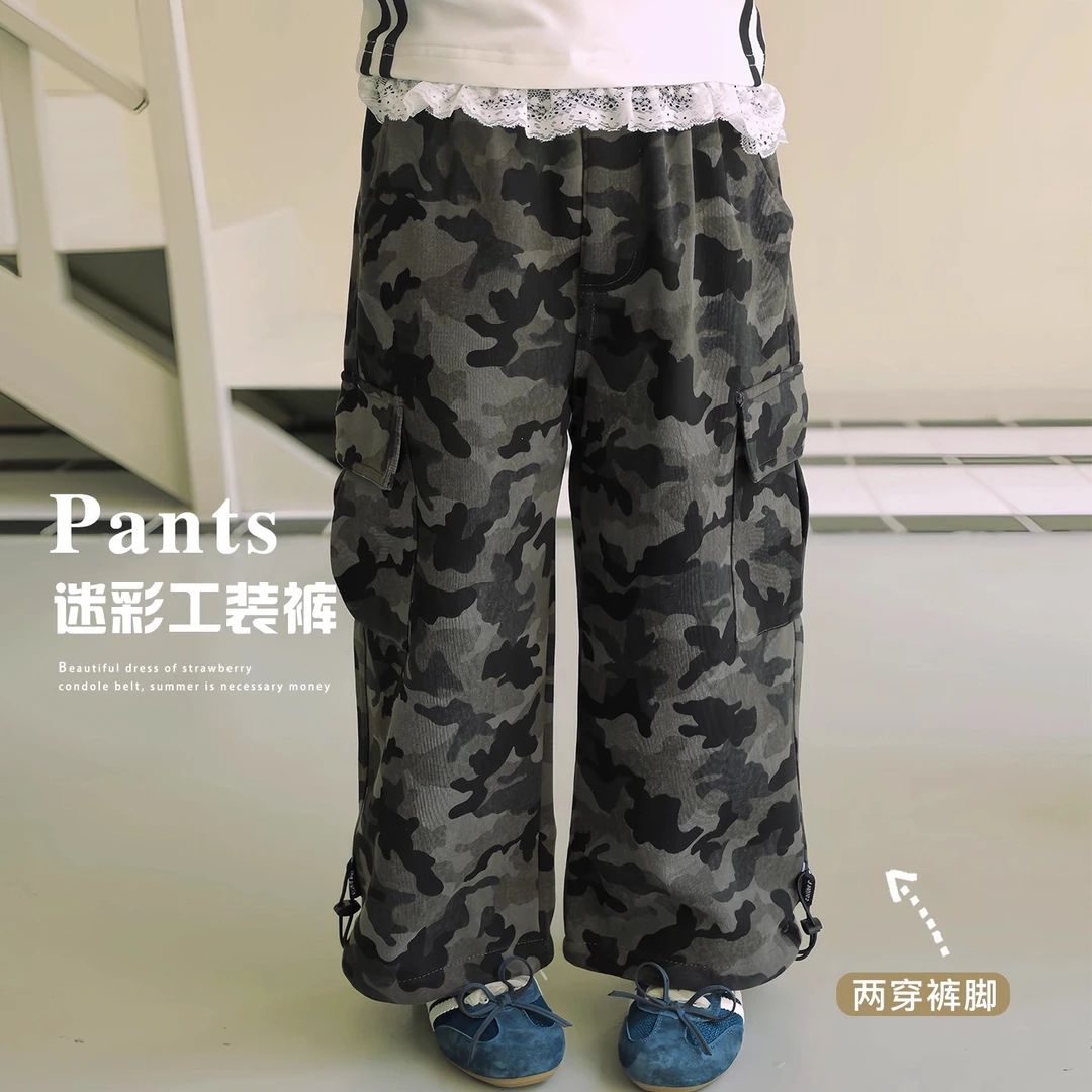 ASLN美式复古迷彩机能工装裤女童冬装2025新款