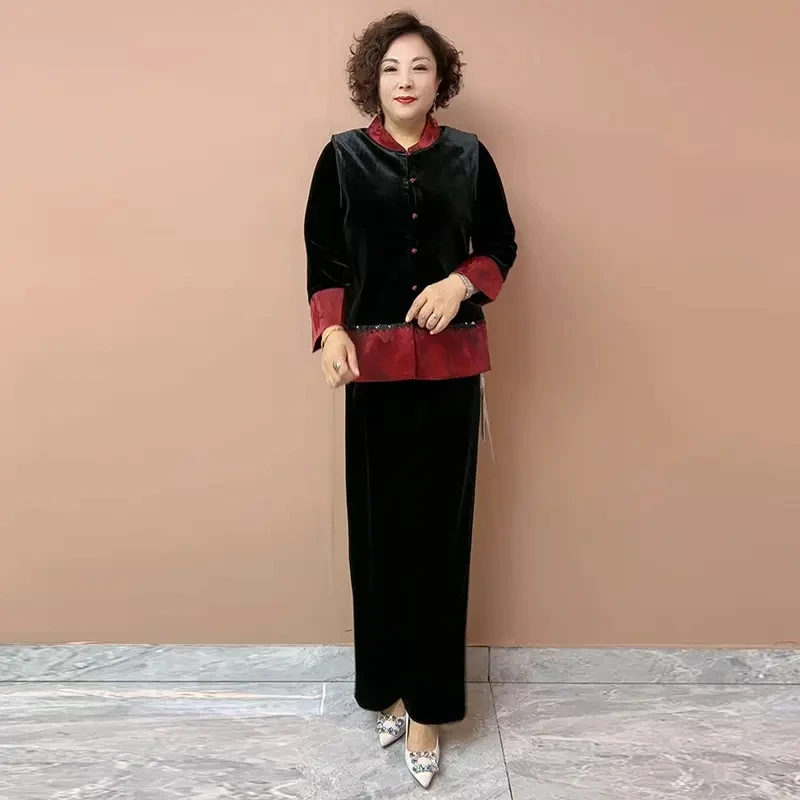 H秋季新款妈妈马甲外套女2025时尚外穿中老年人新国风上衣套装