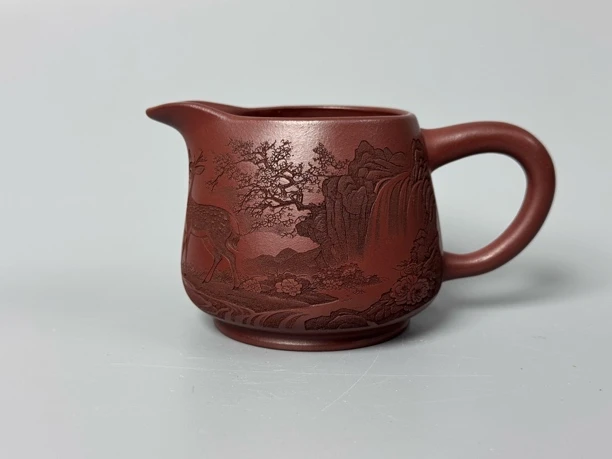 2316宜兴陶瓷全手工紫砂公道杯龙血砂泥刻绘福禄容量200毫升