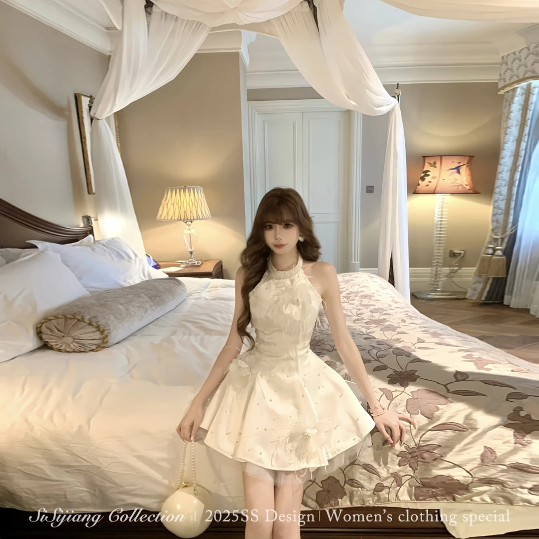 SISI JIANG【6/12新品】“琉璃千金”气质精致珍珠挂脖连衣裙公主裙