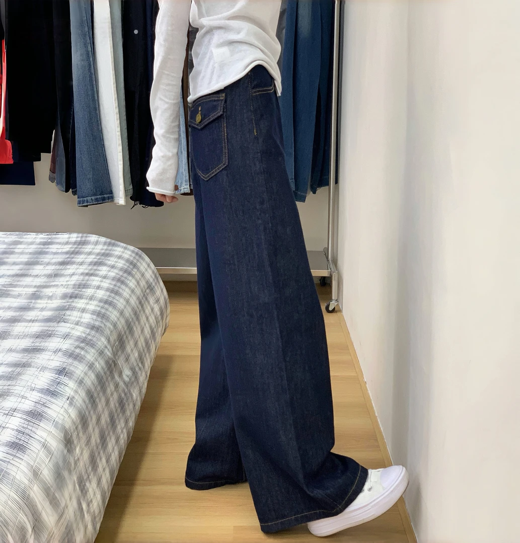 高个子复古丹宁色阔腿牛仔裤美式2025春秋季新款垂感阔腿拖地长裤