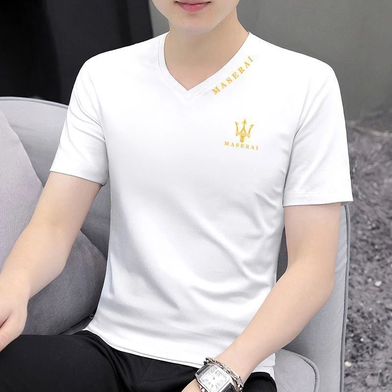 2025年夏季新款男士纯棉T恤短袖v领潮流薄款修身印花潮牌衣服半袖
