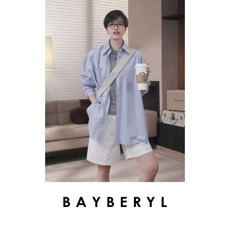 Z5-BAYBERYL老贝海滨一夏*清爽蓝条纹翻领排扣春衬衫NCY5A0620