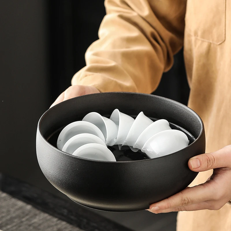 中式黑陶大号茶洗功夫茶具配件建水茶盆茶盂水盂笔洗家用茶渣洗杯