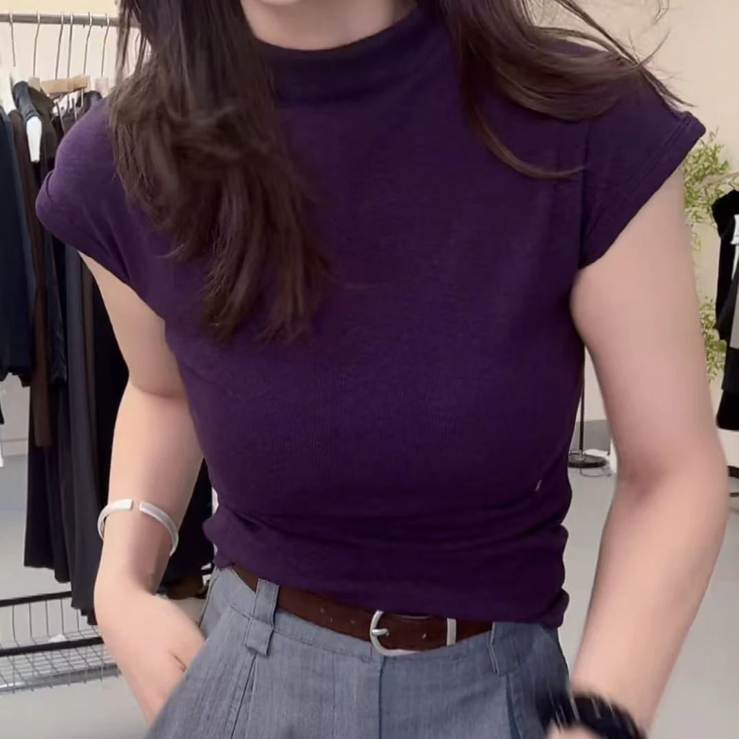 极简风时尚高级优雅气质半领紫流行百搭休闲显瘦打底衫#A169