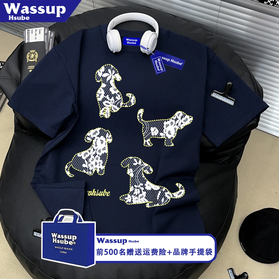 WASSUP HSUBE卡通小狗藏青色纯棉短袖T恤男女夏季潮牌百搭上衣服