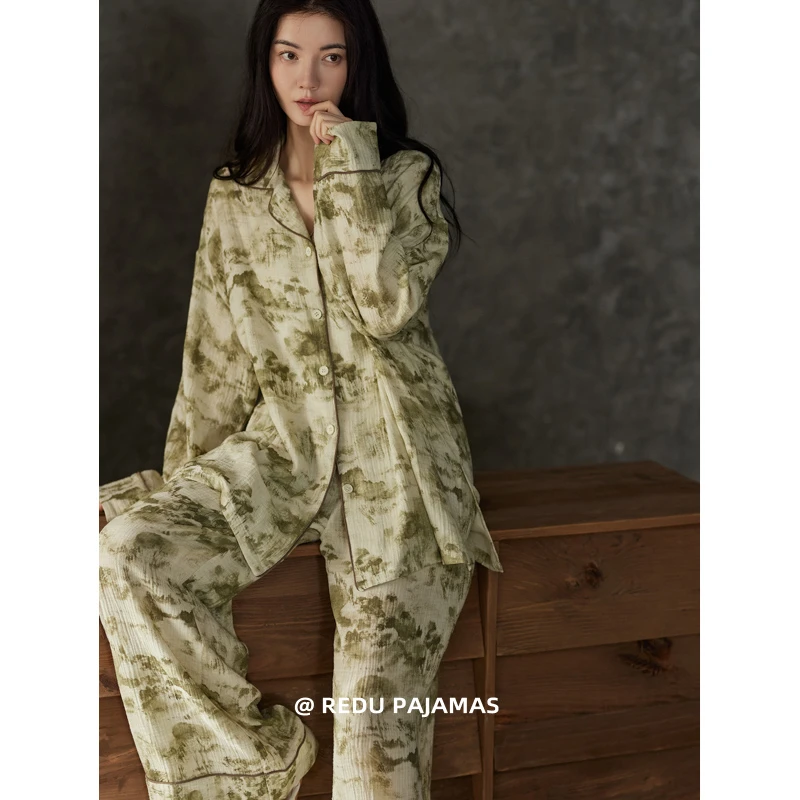 热妒睡衣女春秋纯棉纱布婴儿棉带胸垫开衫可外穿家居服套装