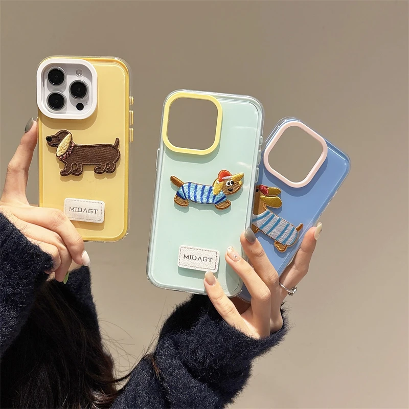 日韩糖果色刺绣小狗适用iPhone14promax手机壳苹果16网红13可爱15