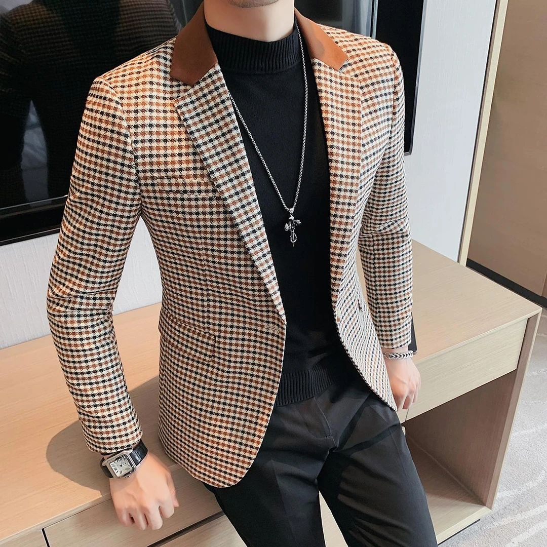 灏吉弧千鸟格休闲西装外套男高级感拼接领子英伦风雅痞西服上衣