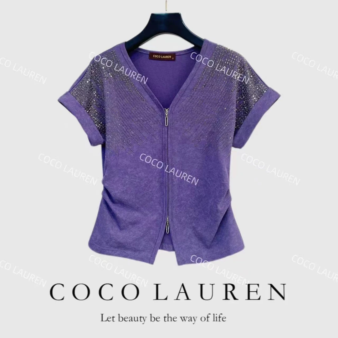 CoCoLauRen紫色烫钻拉链外套收腰短袖V领T恤 气质 显瘦 A21673