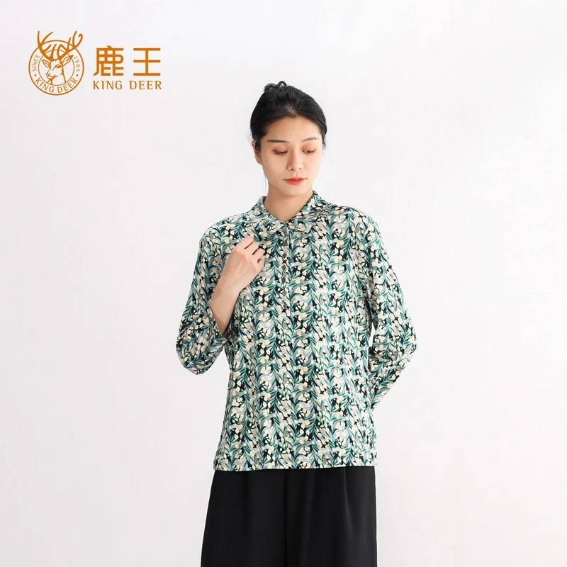 鹿王25春夏新款女POLO领100桑蚕丝七分袖印花针织上衣 B2535105