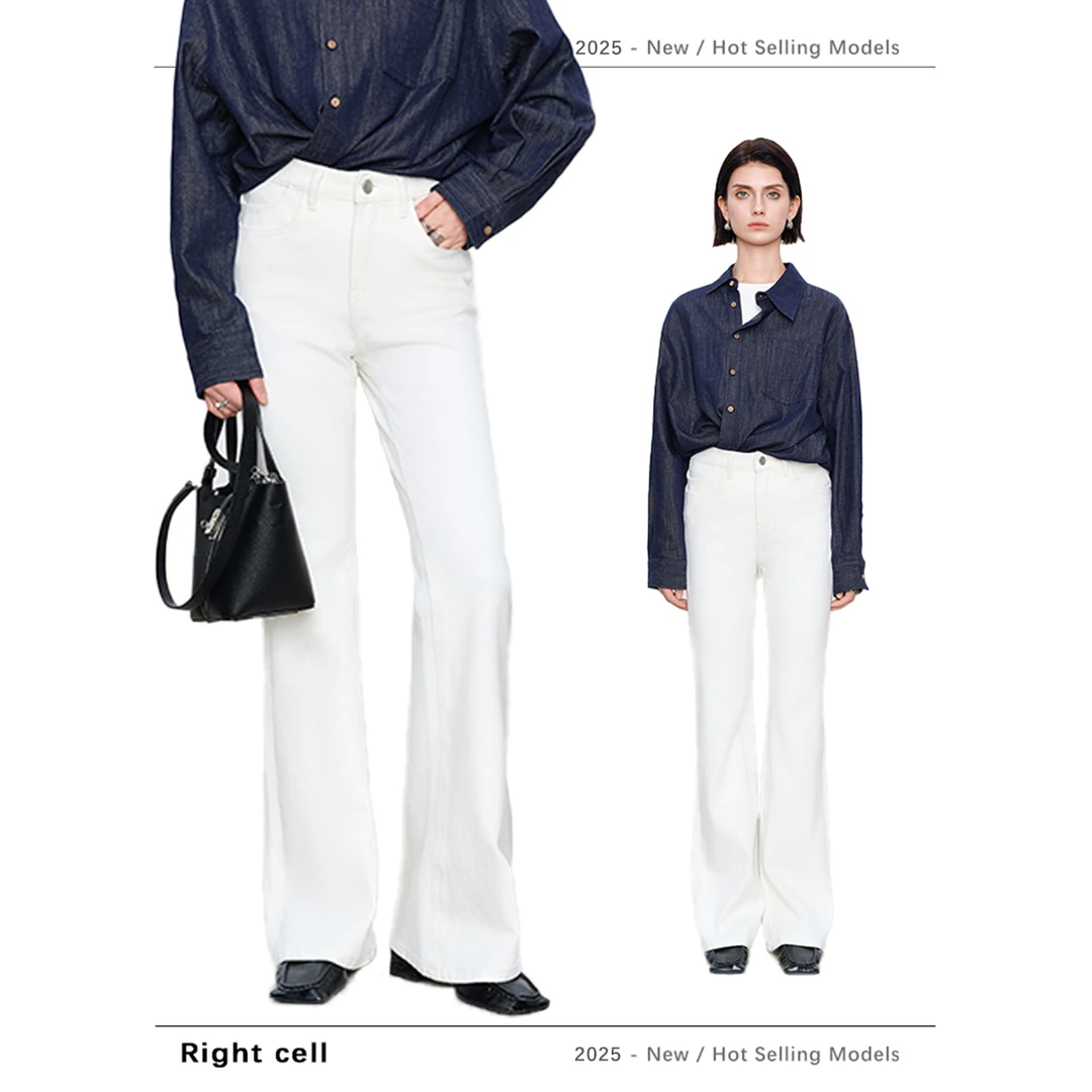 【R.Cell_右单元】四季百搭修身显瘦直筒高腰白牛浅色微喇牛仔长裤