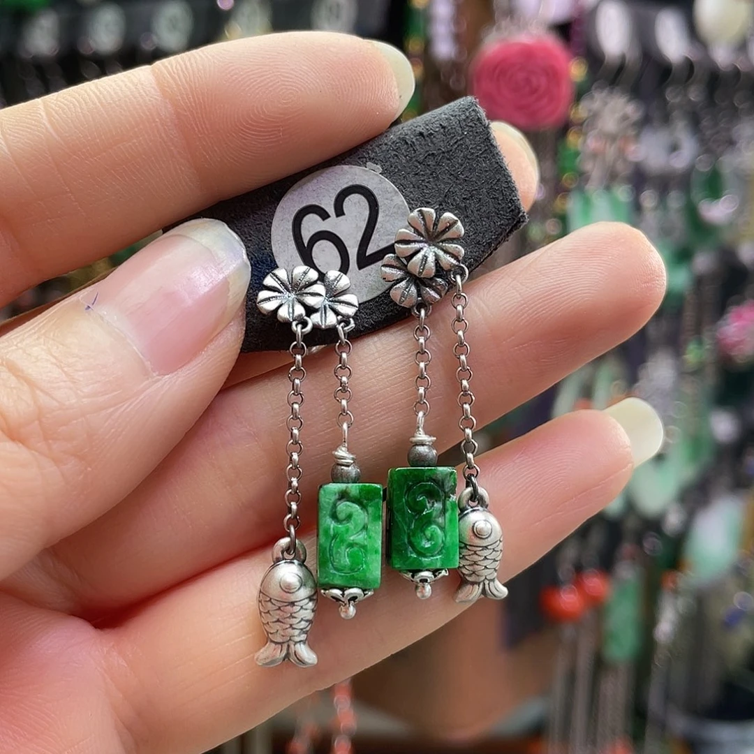 代***脂翡翠银S925镶嵌耳饰170hjhgu