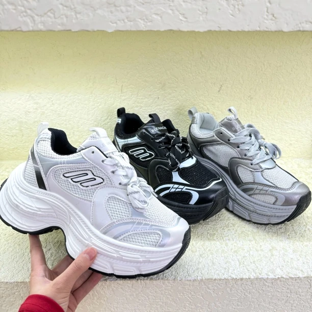 7605 厚底老爹鞋女款网面透气女鞋灰色增高休闲运动鞋子