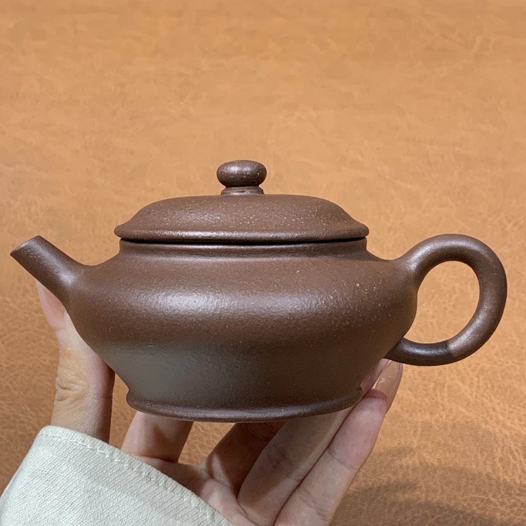 原矿大水潭老紫泥虚扁壶半手工140毫升（微瑕）宜兴茶具紫砂壶009