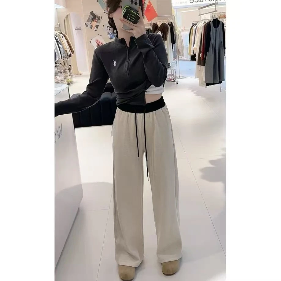 冬季加绒加厚高腰显瘦抽绳撞色拼接直筒休闲裤小个子慵懒感德绒