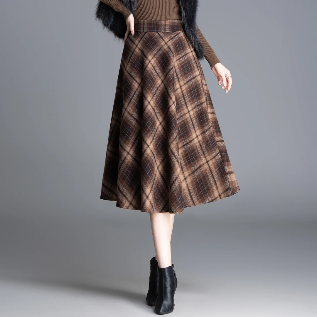 秋冬复古格纹时尚半身裙加厚长裙微胖女穿搭遮胯显瘦打底裙91130