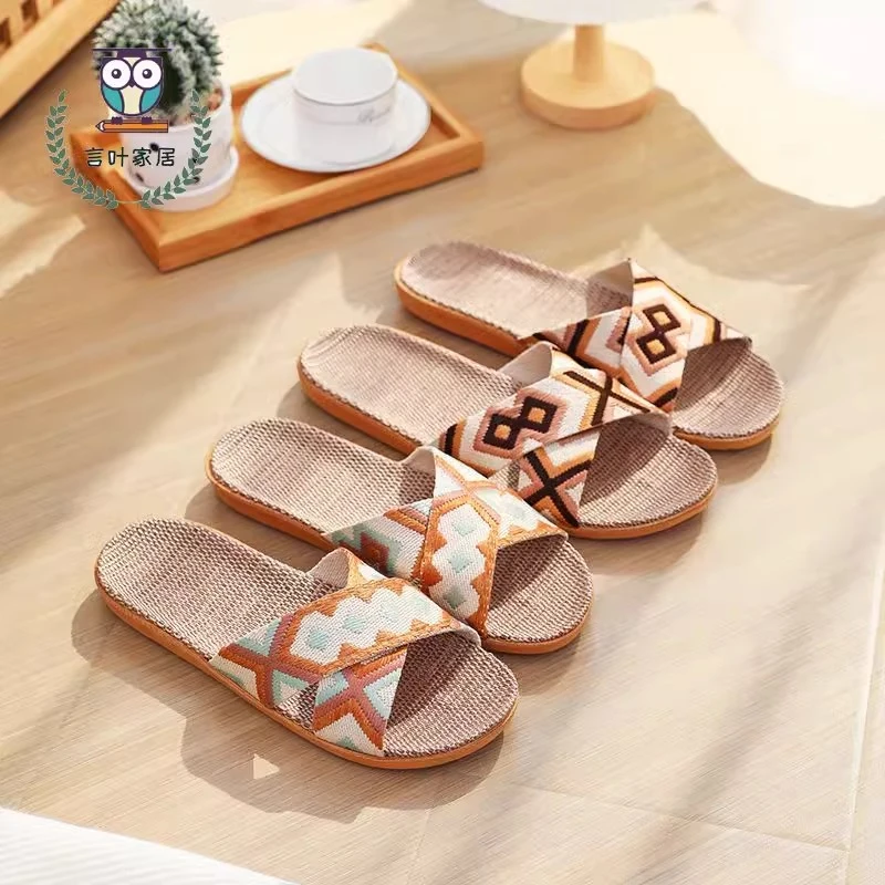 夏季亚麻藤编编织情侣凉拖鞋女透气吸汗居家防滑软底百搭沙滩拖