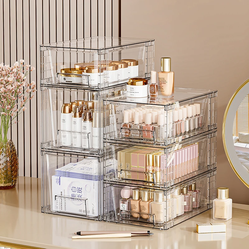 化妆品收纳盒桌面防尘护肤品置物架透明多层抽屉式桌面收纳盒