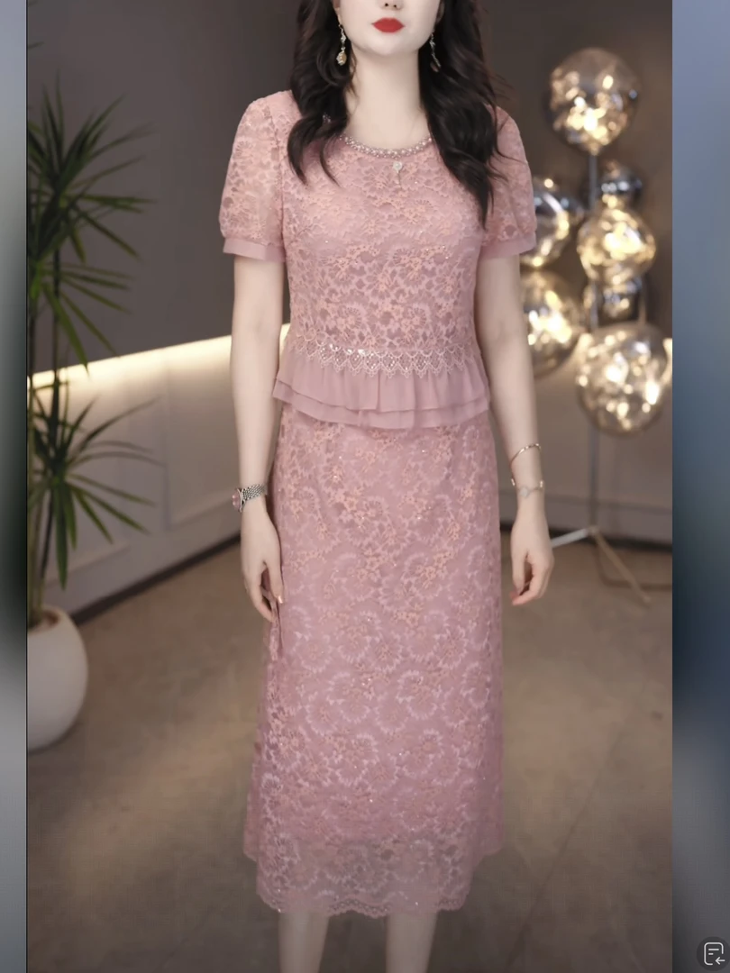2025夏季新款粉色蕾丝重工钉珠年轻妈妈日常婚宴轻奢连衣裙M-4XL