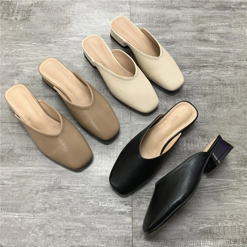 粗跟包头半拖女2025春夏新款简约韩版百搭外穿方头舒适软底凉拖鞋