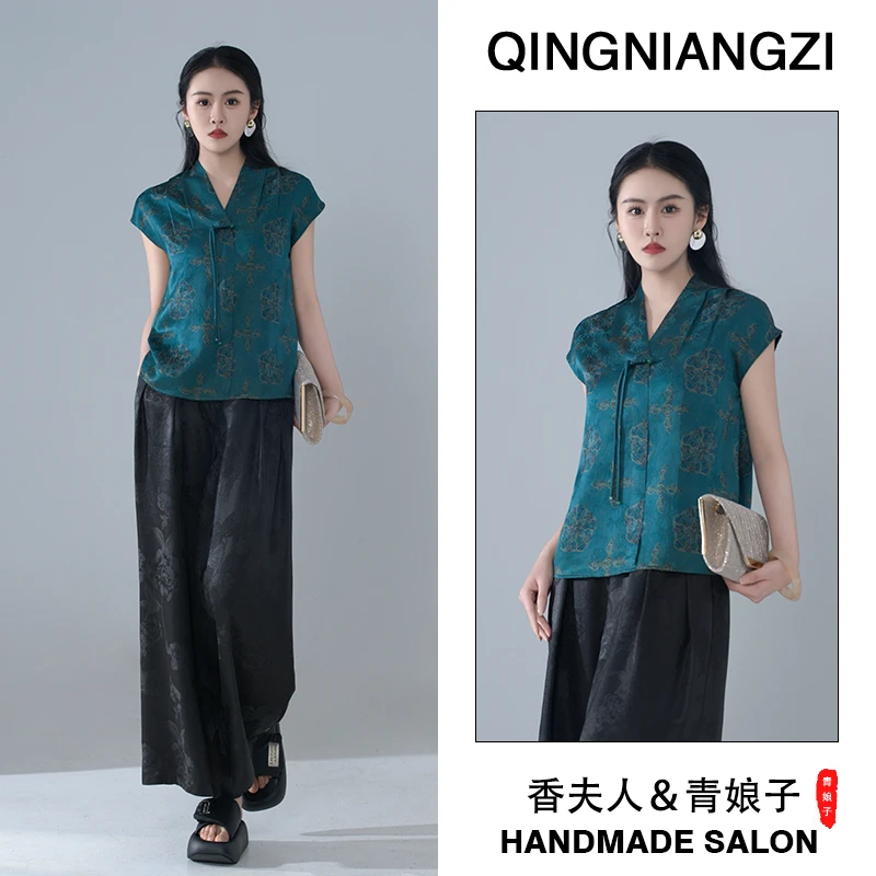 青娘子香云纱（楠柯）印花女装新中式新款国风无袖上衣--60020
