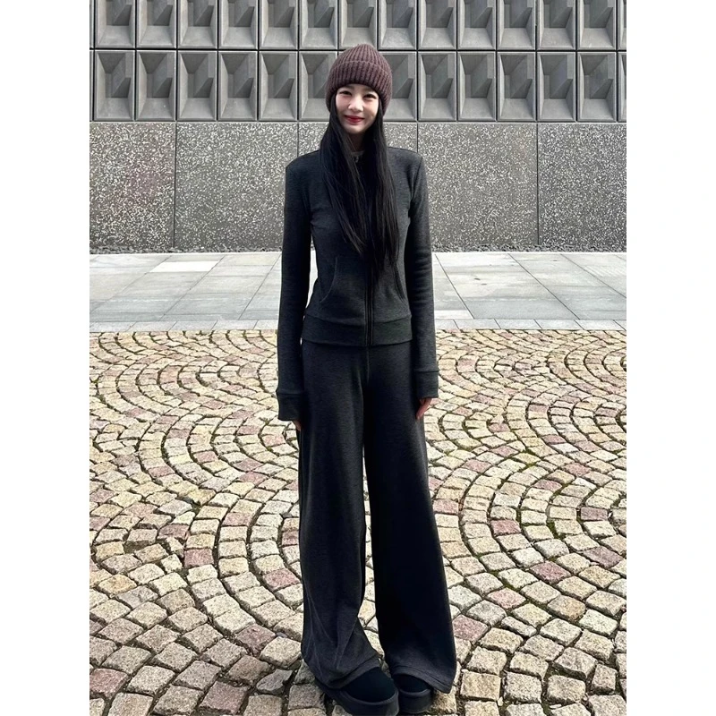 韩系气质休闲运动服套装显瘦女春秋高级感修身立领开衫卫衣两件套
