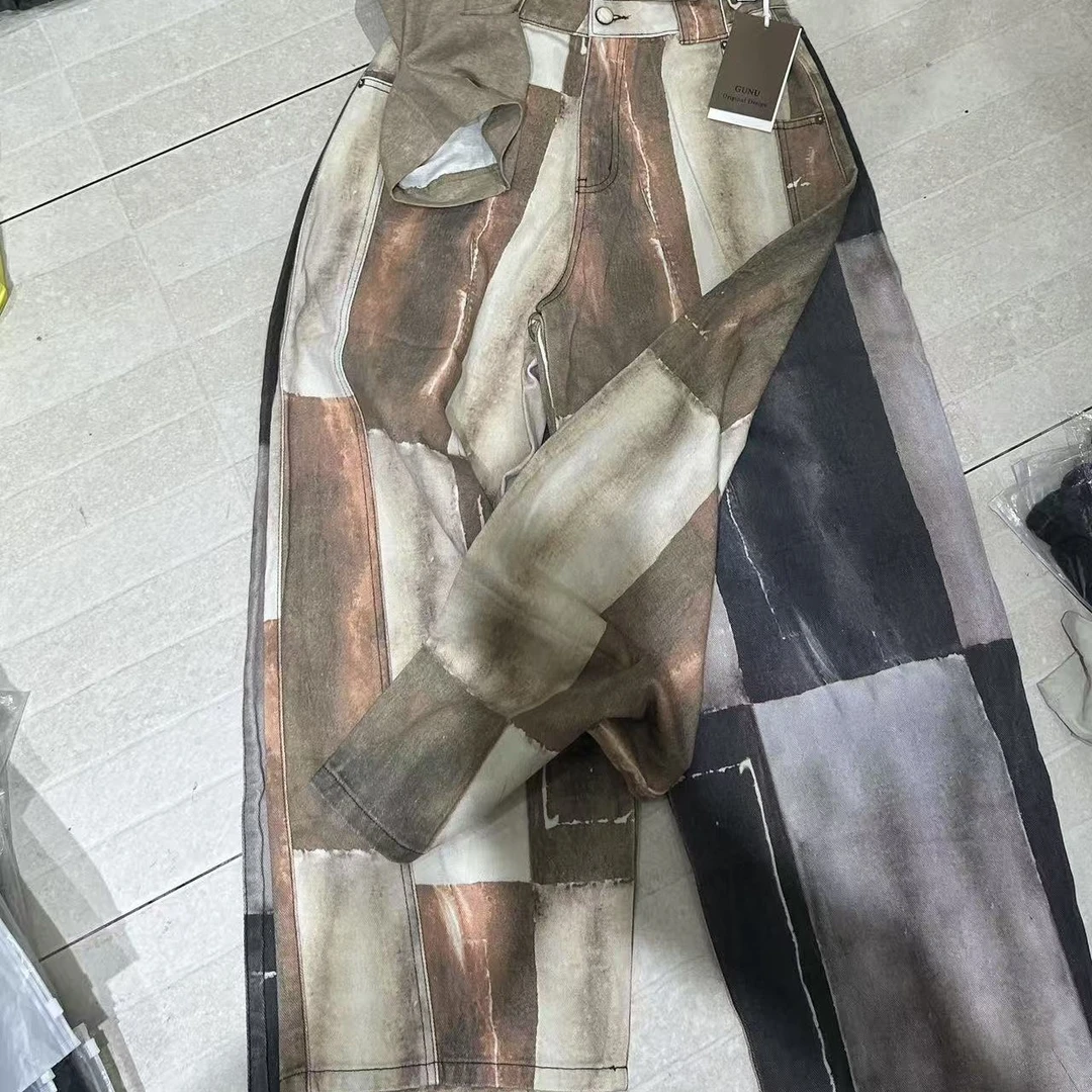 ZLABOUTUS秋季复古油画色彩阔腿牛仔裤2068