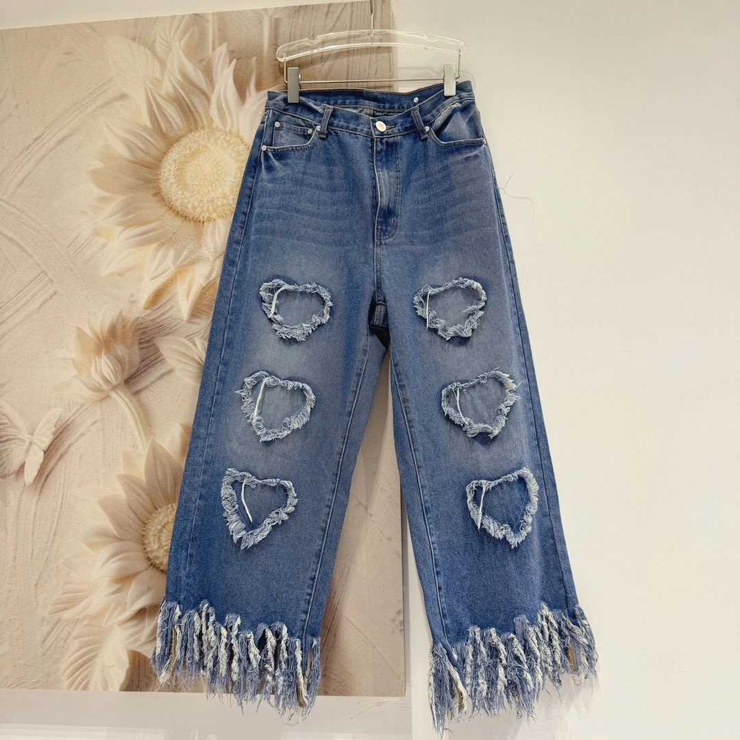 Ruckierz深圳南油原创欧若风爱心做旧毛边牛仔裤