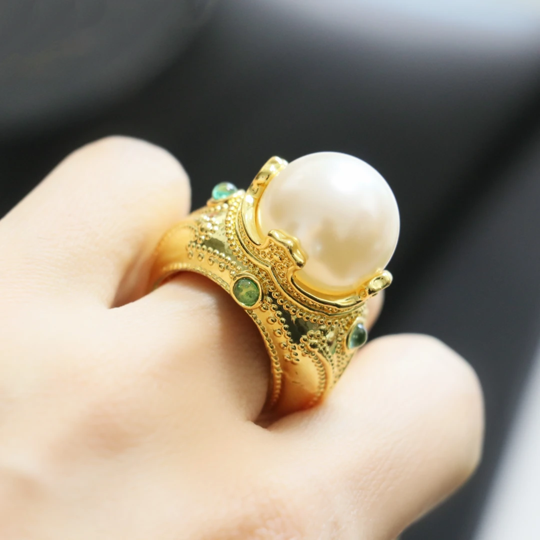 铜合金仿珍珠戒指 流金岁月复古白色高级感重工戒指