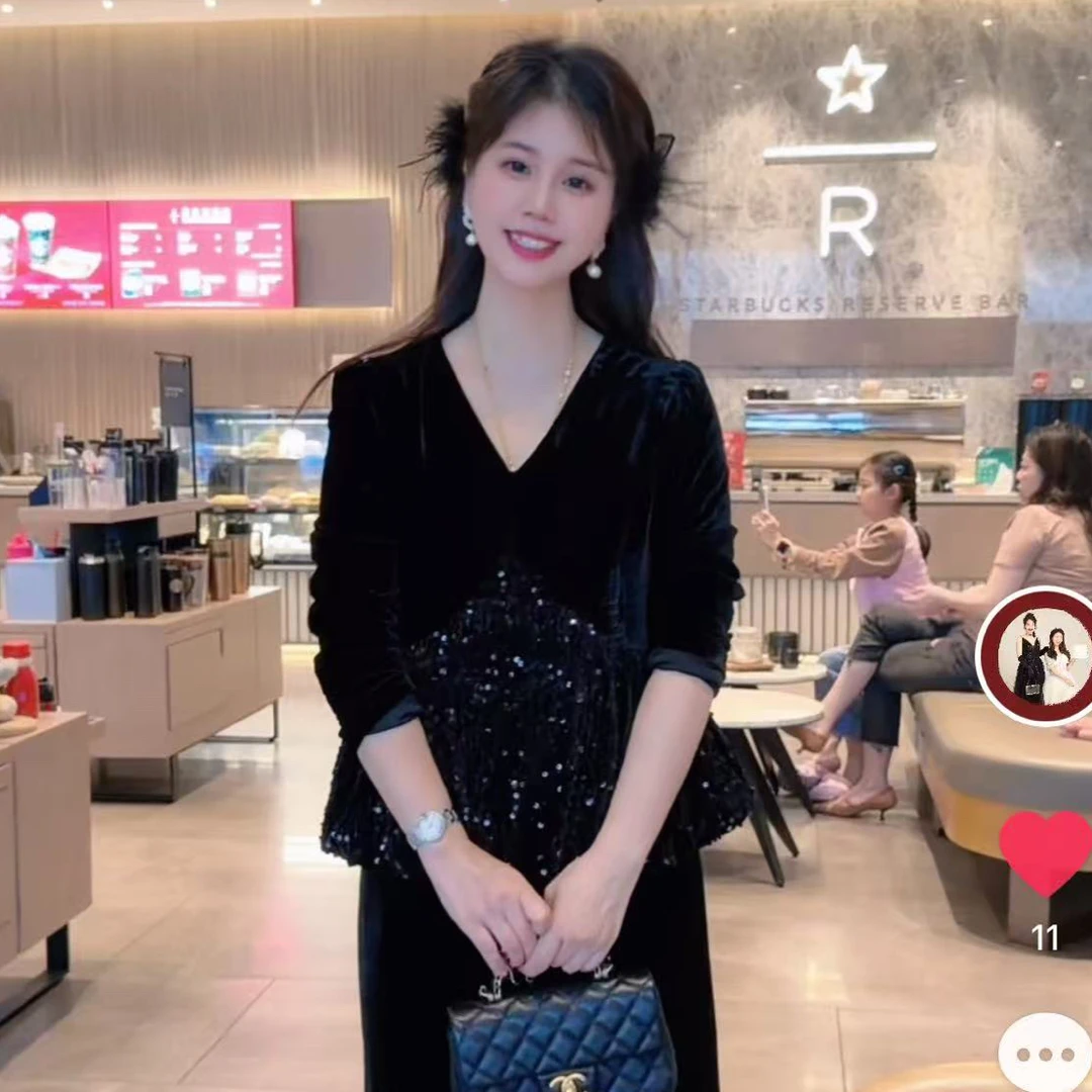 【海南肉丝】7006韩系高级感拼接亮片上衣