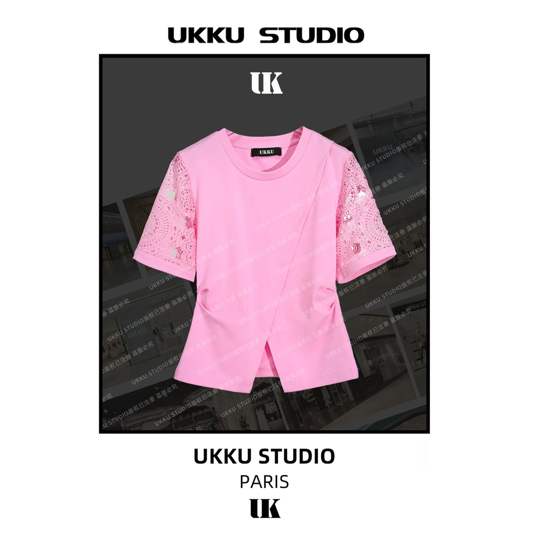 尧尧【UKKU STUDIO】镂空开又正肩短袖T恤女夏季新款圆领上衣613701