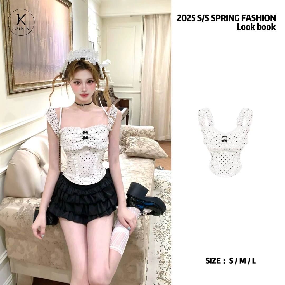 JOYKIKI 金金【邻家女孩】春季纯欲拼接蕾丝波点上衣J25A464