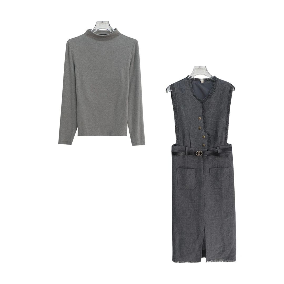 简约舒适纯色内搭气质英伦风连衣裙套装S2932