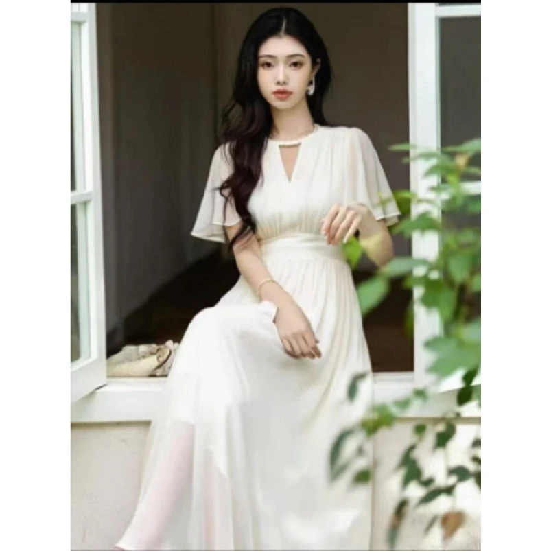 暖长裙夏季宴会树脂固色气质法式优雅长款短袖连衣裙2558