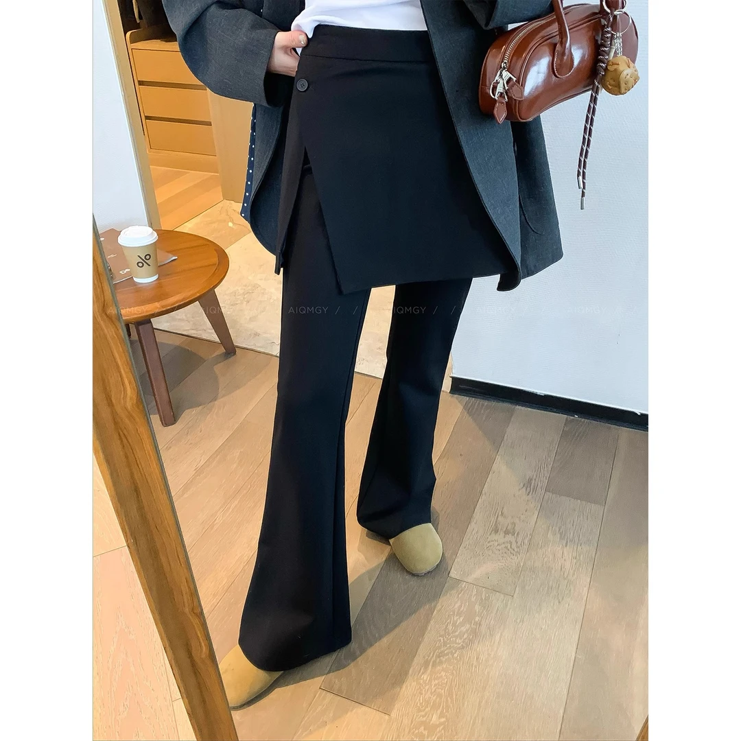 黑色假两件屁帘微喇裤女2025早春新款叠穿高腰修身显瘦休闲喇叭裤