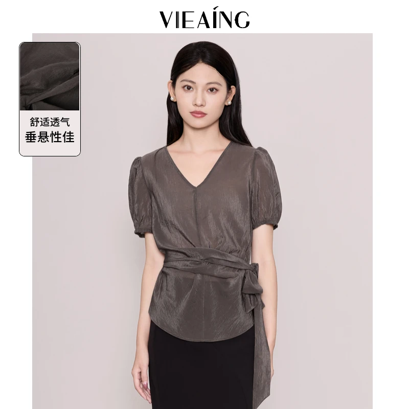 VIEA.ING薇迎法式v领衬衫女2025夏季新款轻职场衬衣系带短袖上衣
