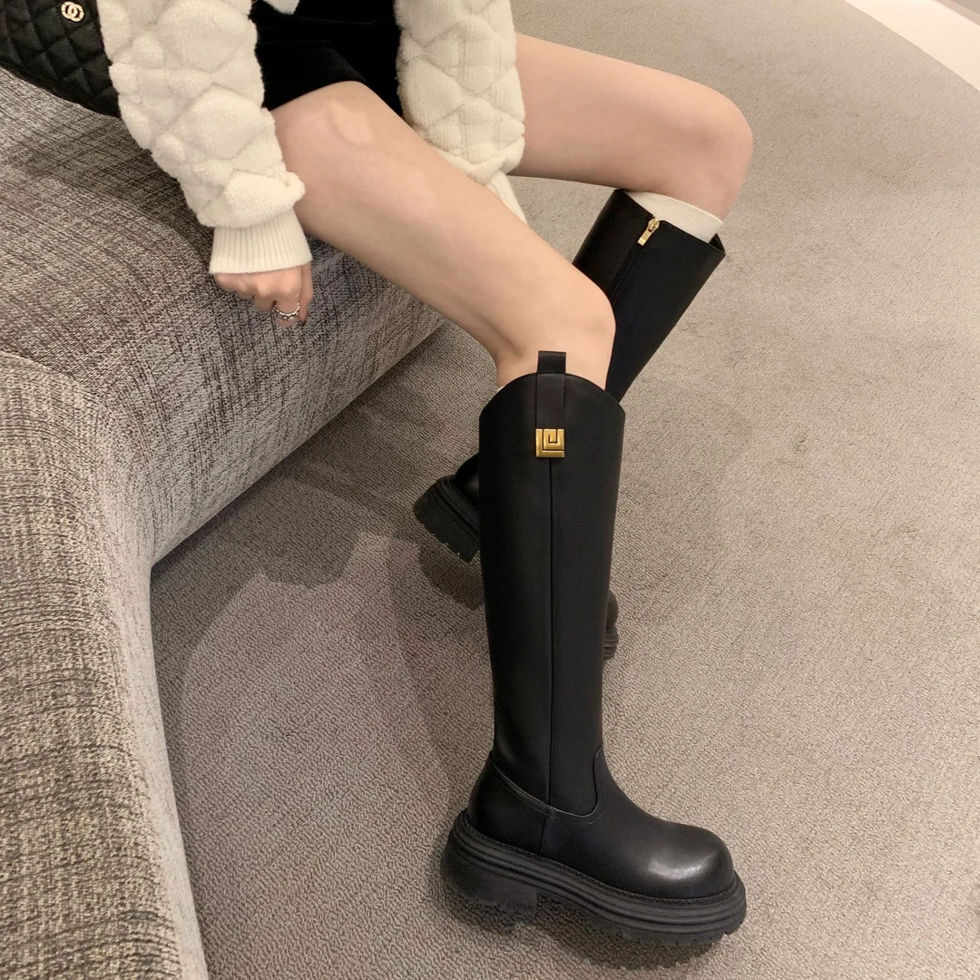 【sheii苏茵茵】小金扣侧拉链厚底中高筒骑士靴女长靴子E4419338