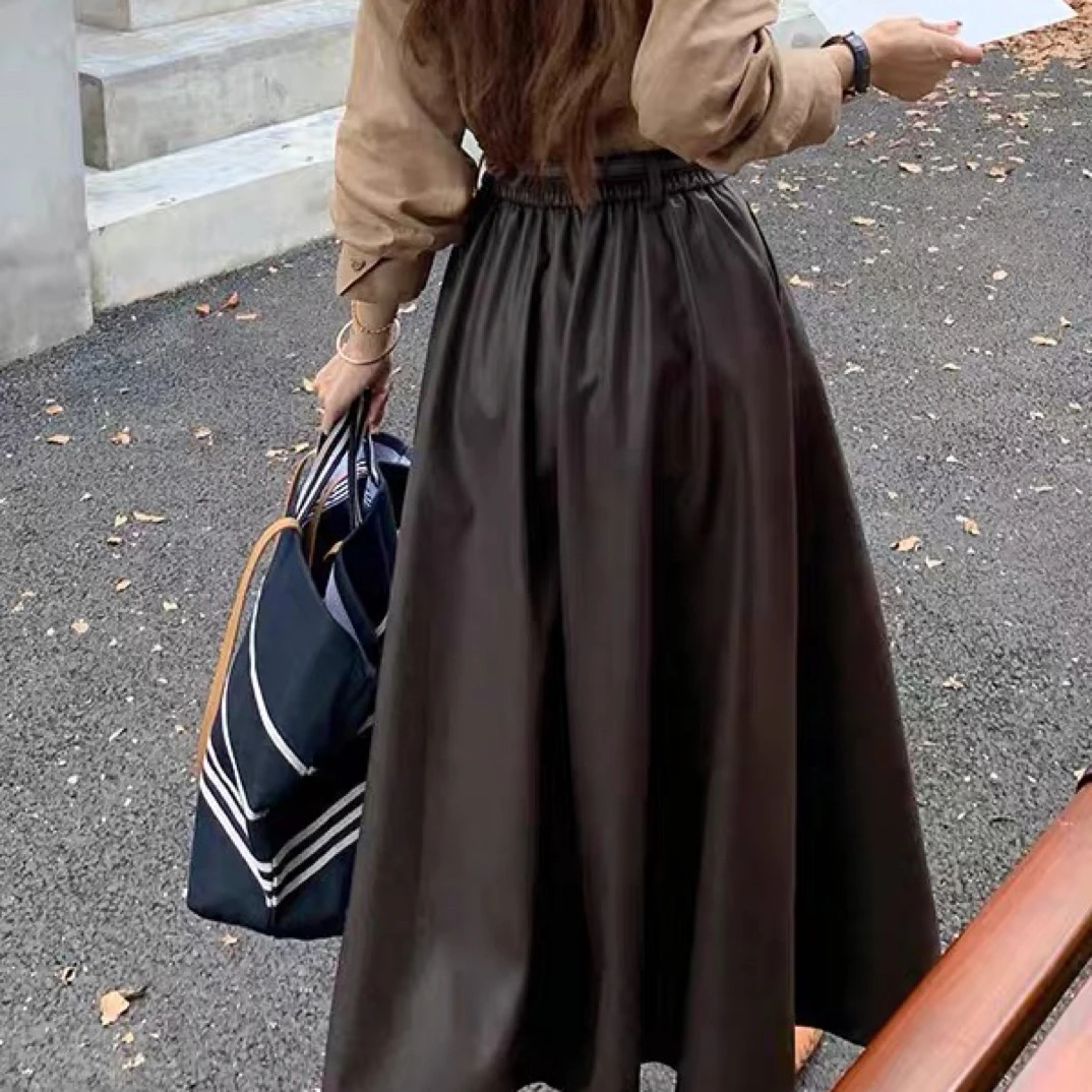 女士秋冬中长款遮胯大摆A字皮U半身裙百搭时髦复古852