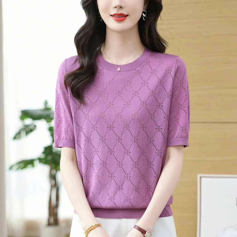 冰丝针织衫女夏装2025新款大码上衣宽松显瘦薄款镂空冰丝短袖T恤