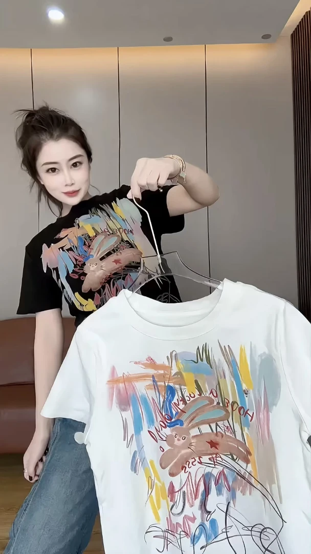 t恤女短袖欧货夏季新款美式复古涂鸦卡通兔子字母百搭显瘦上衣潮