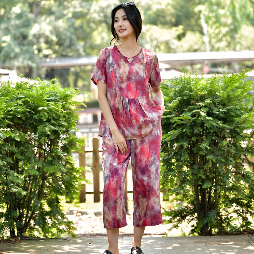 2025夏季新款时尚棉绸阔脚裤套装女休闲人造棉外穿宽松大码两件套